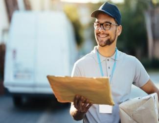 Delivery person holding a thin parcel