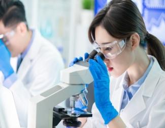 Researcher using a microscope